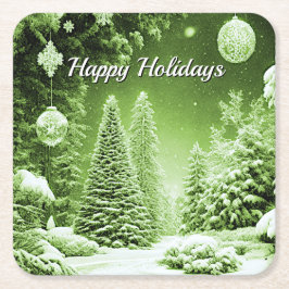 Posavasos Cuadrado De Papel Navidades Green Trees Balls Holiday