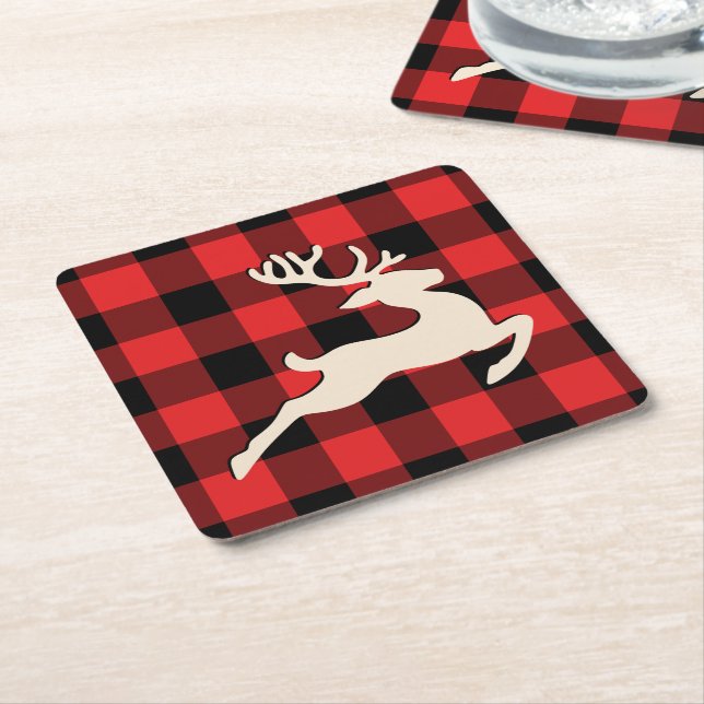Posavasos Cuadrado De Papel Navidades Holiday Deer Red Black Gingham (En perspectiva)