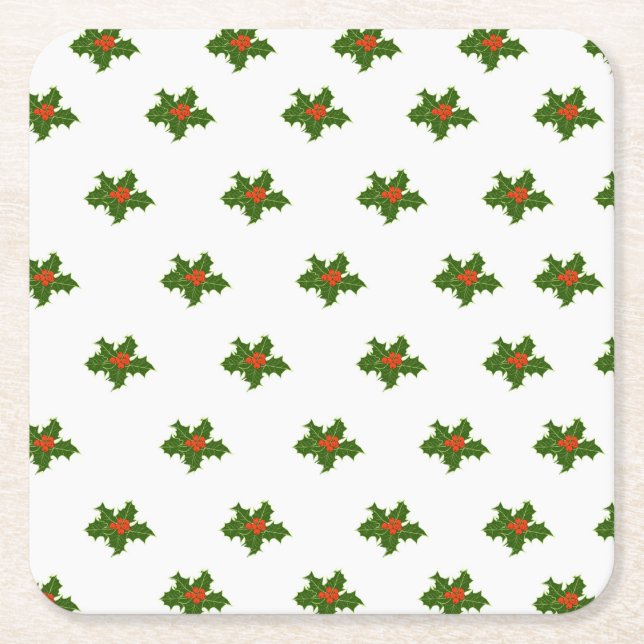 Posavasos Cuadrado De Papel Navidades Holly Pattern Red Berries Hojas verdes (Anverso)
