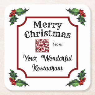 Posavasos Cuadrado De Papel Navidades Holly Personalizado QR Code Restaurant