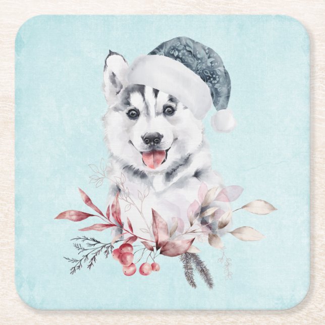 Posavasos Cuadrado De Papel Navidades Husky Dog en Santa Hat (Anverso)
