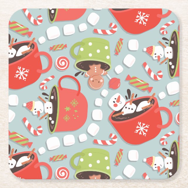 Posavasos Cuadrado De Papel Navidades Marshmallow Snowman Hot Cocoa (Anverso)