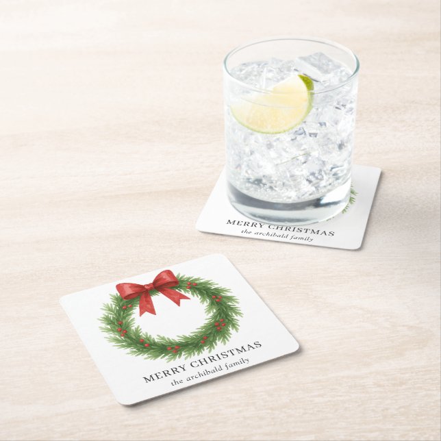 Posavasos Cuadrado De Papel Navidades modernos de acuarela Wreath (In situ)