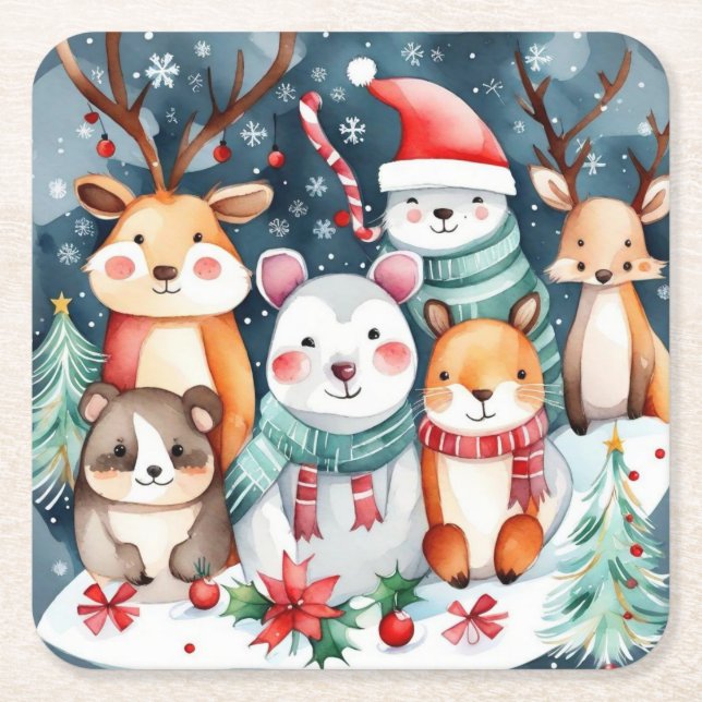 Posavasos Cuadrado De Papel Navidades Navidades temáticos lindos animales (Anverso)