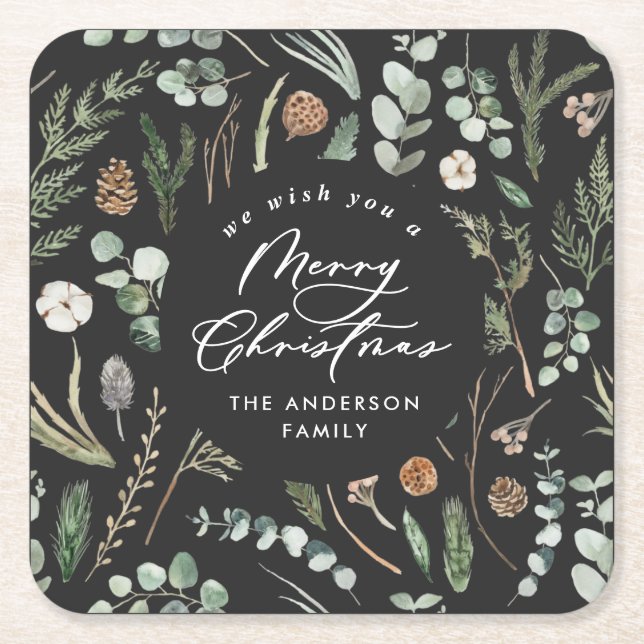 Posavasos Cuadrado De Papel Navidades negros mínimo botánico elegante (Anverso)