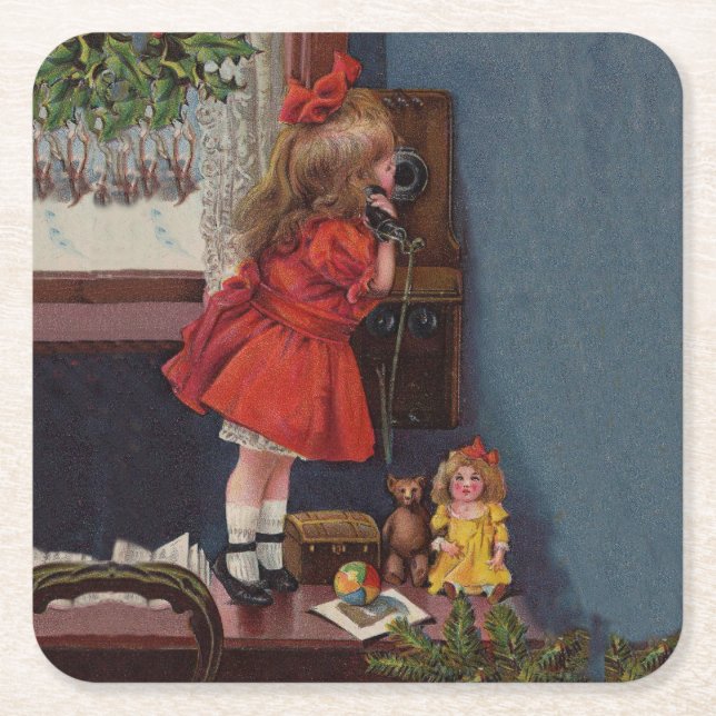 Posavasos Cuadrado De Papel Navidades Niña Teléfono Antigüedad (Anverso)