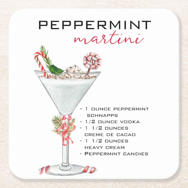 Posavasos Cuadrado De Papel Navidades Peppermint Martini Cocktail Receta (Anverso)