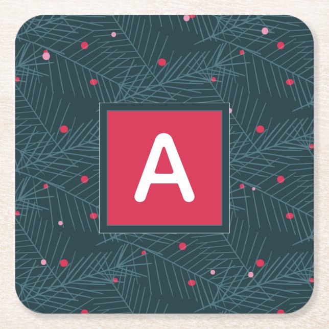 Posavasos Cuadrado De Papel Navidades Personalizado Monograma Feriado Verde Ro (Anverso)