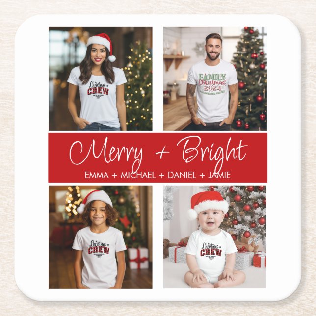 Posavasos Cuadrado De Papel Navidades personalizados 4 Collage de fotos (Anverso)