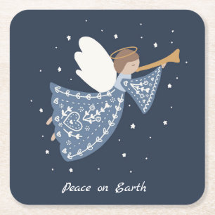 Posavasos Cuadrado De Papel Navidades personalizados Angel Holiday Peace Earth