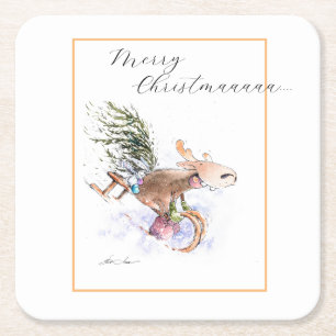 Posavasos Cuadrado De Papel NAVIDADES Pintados EVE Reno y conejito