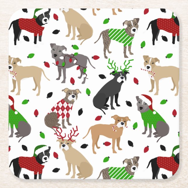 Posavasos Cuadrado De Papel Navidades Pitbull Dogs (Anverso)