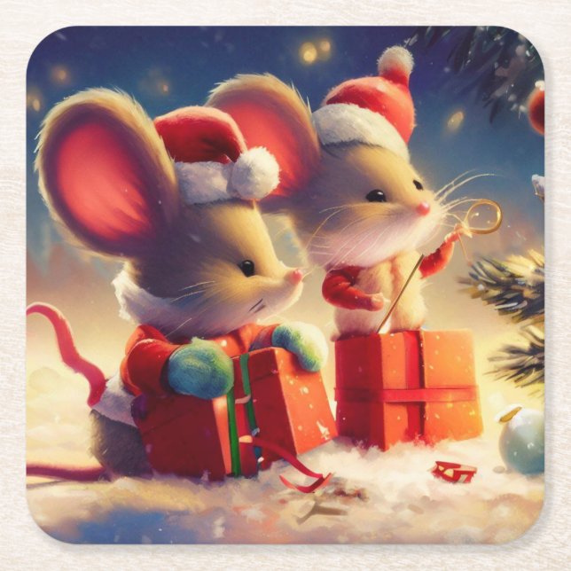 Posavasos Cuadrado De Papel Navidades Ratón 3 (Anverso)