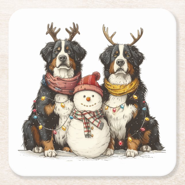Posavasos Cuadrado De Papel Navidades renos Perros de montaña Bernese (Anverso)