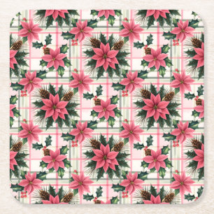 Posavasos Cuadrado De Papel Navidades Retro Rosado Plaid Floral Feliz Navidad