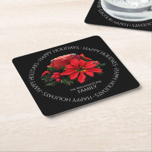 Posavasos Cuadrado De Papel Navidades rojos festivos Candle Holly Poinsettias