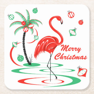 Posavasos Cuadrado De Papel Navidades rojos Flamingo Merry Christmas square