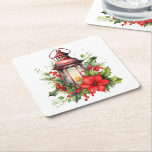 Posavasos Cuadrado De Papel Navidades rojos Lantern Poinsettia y Pine