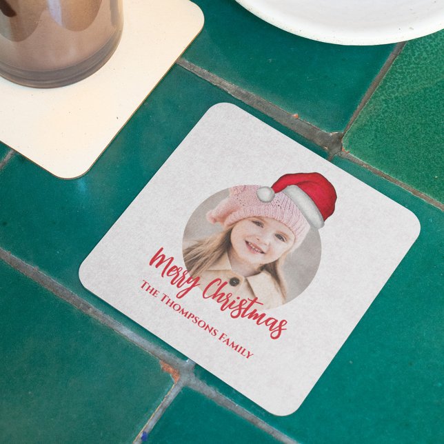 Posavasos Cuadrado De Papel Navidades rojos Santa Hat Cute Fiesta (Merry Christmas photo Santa Hat paper party coaster)