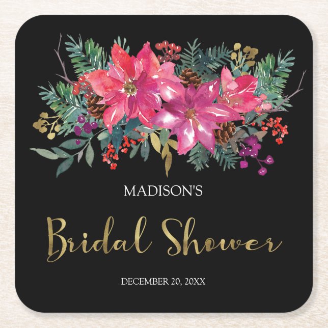 Posavasos Cuadrado De Papel Navidades rosados de Poinsettia (Anverso)