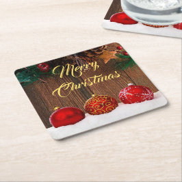Posavasos Cuadrado De Papel Navidades Rustic Wood y Red Berries
