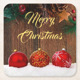 Posavasos Cuadrado De Papel Navidades Rustic Wood y Red Berries