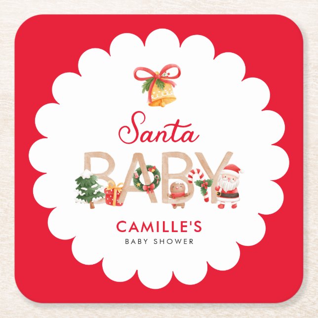 Posavasos Cuadrado De Papel Navidades Santa Baby Shower (Anverso)