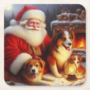 Posavasos Cuadrado De Papel Navidades Santa Claus con perros 1