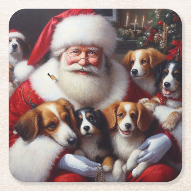 Posavasos Cuadrado De Papel Navidades Santa Claus con perros 2 (Anverso)