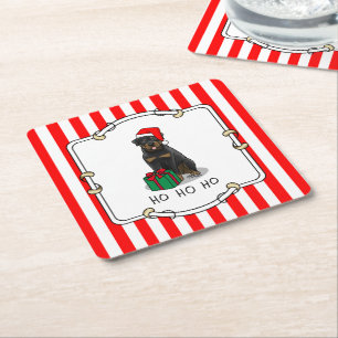 Posavasos Cuadrado De Papel Navidades Santa Claus Gorra Rottweiler Dog Funny