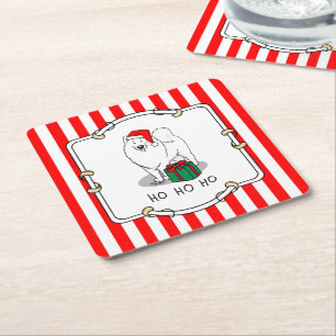 Posavasos Cuadrado De Papel Navidades Santa Claus Gorra Samoyed Dog Cute