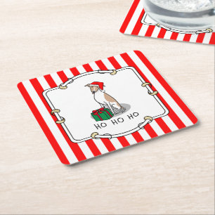 Posavasos Cuadrado De Papel Navidades Santa Hat Whippet Dog Fawn & white Cute