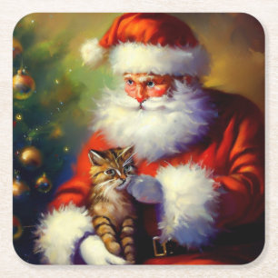 Posavasos Cuadrado De Papel Navidades Santa y un gato 1