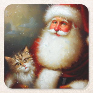 Posavasos Cuadrado De Papel Navidades Santa y un gato 2