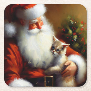 Posavasos Cuadrado De Papel Navidades Santa y un gato 3
