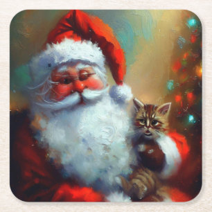 Posavasos Cuadrado De Papel Navidades Santa y un gato 4