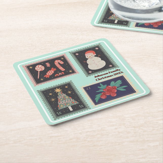 Posavasos Cuadrado De Papel Navidades Sellos Nombre personalizado colorido (En perspectiva)