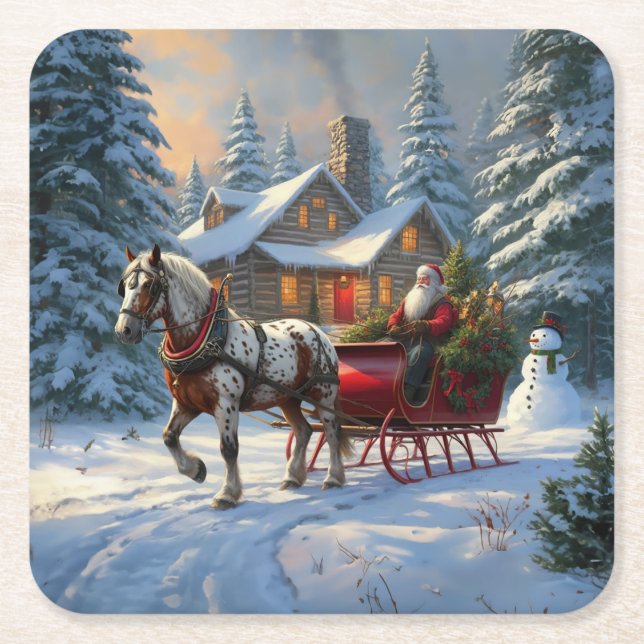Posavasos Cuadrado De Papel Navidades Sleigh Santa (Anverso)