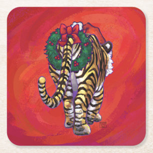 Posavasos Cuadrado De Papel Navidades tigres en rojo