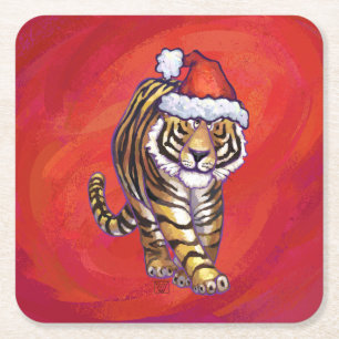 Posavasos Cuadrado De Papel Navidades tigres en rojo