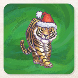 Posavasos Cuadrado De Papel Navidades Tigres En Verde