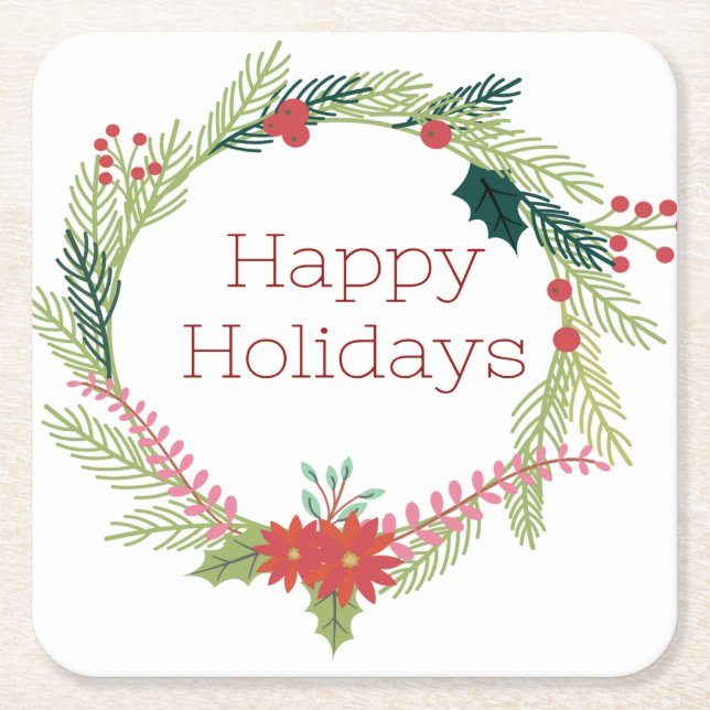 Posavasos Cuadrado De Papel Navidades Wreath Felices Fiestas (Anverso)
