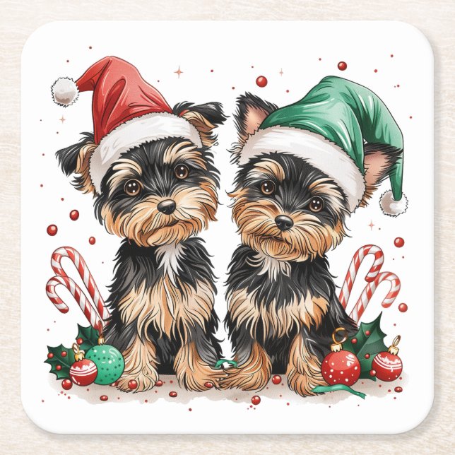 Posavasos Cuadrado De Papel Navidades Yorkshire Terrier Dogs (Anverso)