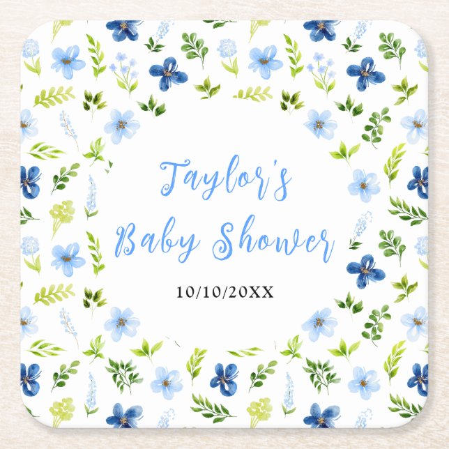 Posavasos Cuadrado De Papel Navy and Baby Blue Floral Baby Shower
