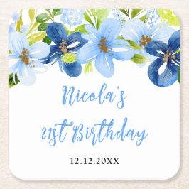 Posavasos Cuadrado De Papel Navy and Baby Blue Floral Birthday