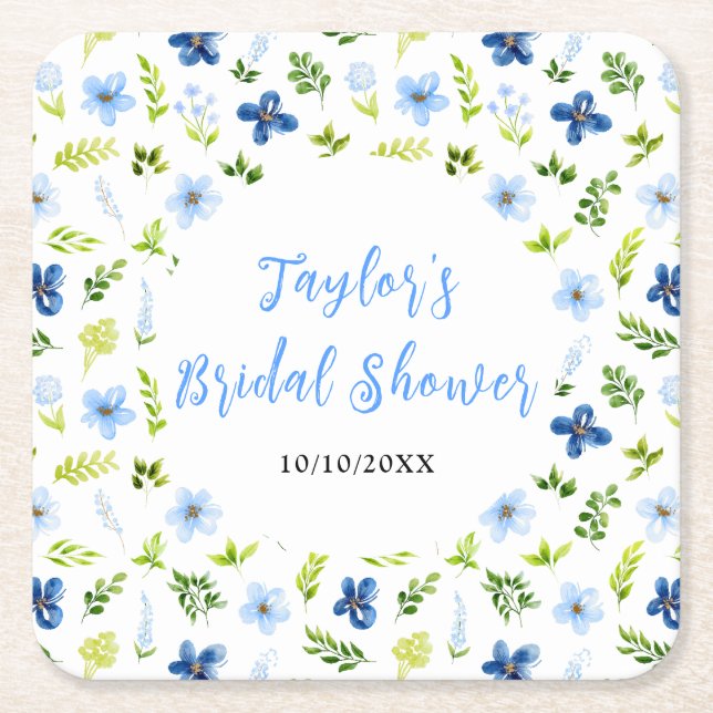 Posavasos Cuadrado De Papel Navy and Baby Blue Floral Bridal Shower (Anverso)