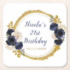 Posavasos Cuadrado De Papel Navy Blue and Gold Elegant Flowers Birthday