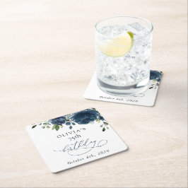 Posavasos Cuadrado De Papel Navy Blue Flowers, Greenery, Boho, Birthday