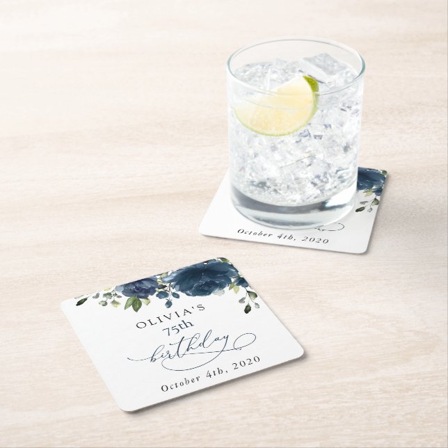 Posavasos Cuadrado De Papel Navy Blue Flowers, Greenery, Boho, Birthday (In situ)