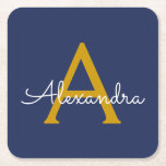Posavasos Cuadrado De Papel Navy Blue Gold Modern Script Girly Monograma Nombr<br><div class="desc">Monograma con nombres de papel de monograma azul marino y dorado sencillo. Esto hace que la graduación perfecta, el cumpleaños, el boda, la ducha de novia, el aniversario, la ducha de bebé o la fiesta de soltera sea un regalo para alguien que ama el lujo glam y los estilos de...</div>